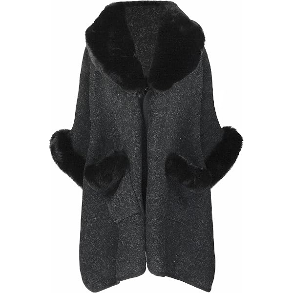 Dahlia Women's Winter Cape Coat, Luxurious Faux Fur Trim, Fleece