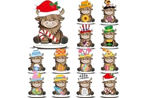 Menkxi Interchangeable Highland Cow Decor Seasonal Wooden Signs Farmhouse Table Centerpiece with Holiday Icon Rustic Cow Tiered Tray Decor Halloween Fall Decorations for Home Office Desk Gift