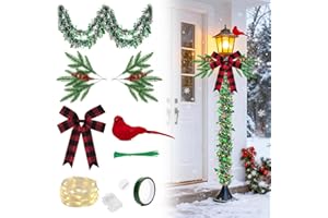 YIBOBO 13Pcs Christmas Lamp Post Decoration Set Include String Light, Pine Branches, Red Berries, Tinsel Garlands, Checkered Bow and Cardinal Bird for Outdoor Holiday Porch Lawn, NOT Include Lamp Post
