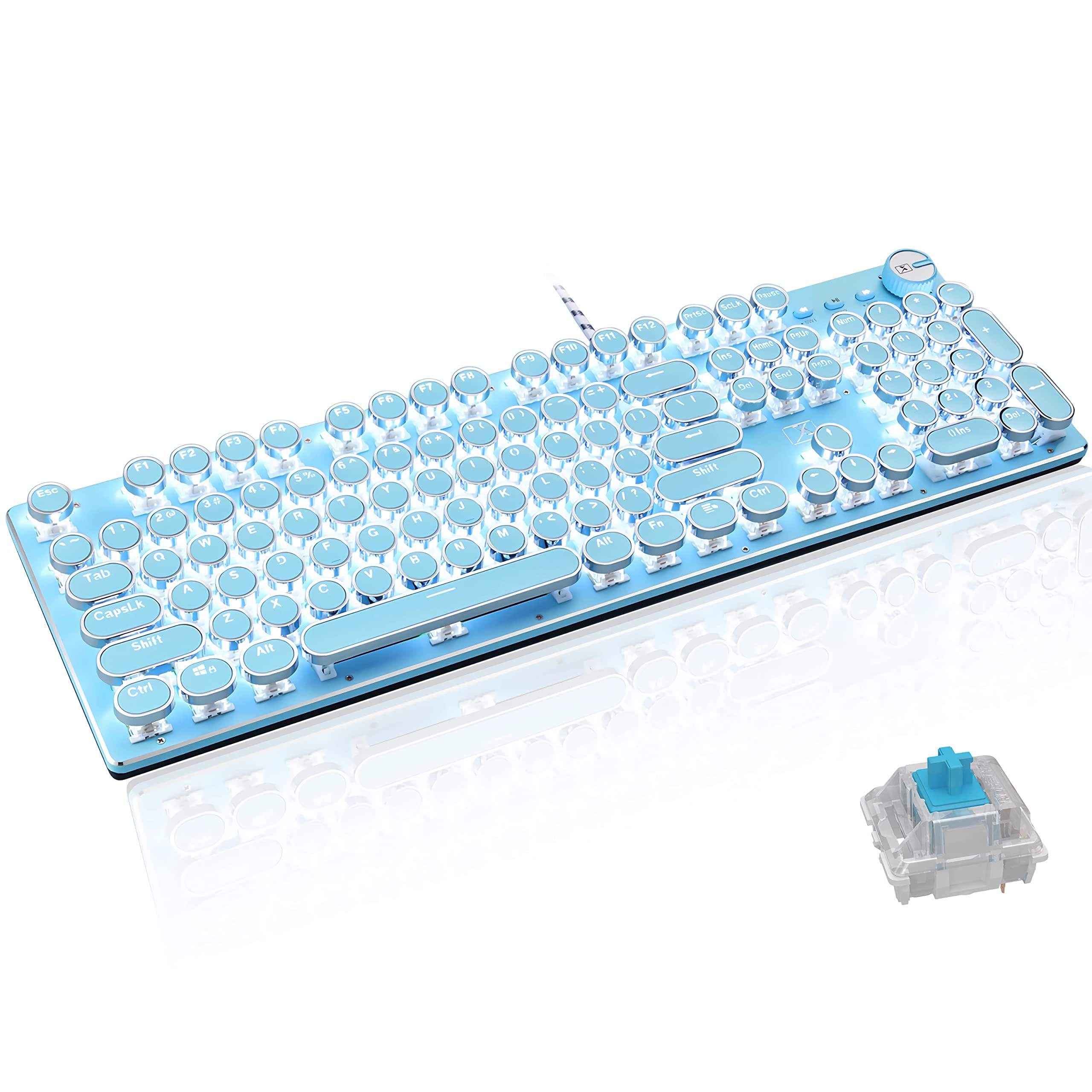 Basaltech Blue Mechanical Gaming Keyboard, Retro Steampunk Vintage Typewriter-Style Keyboard with LED Backlit, 104-Key Anti-Ghosting Blue Switch Wired USB Metal Panel Round Keycaps (Blue-SK)