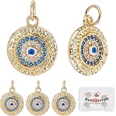 Beebeecraft 5Pcs/Box Evil Eye Charms 18K Gold Plated Brass Flat Round with Blue Cubic Zirconia Turkish Evil Eye Pendants Jewelry Making Findings for DIY Bracelet Necklace