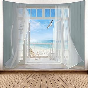 YISURE Tapestry Wall Hanging, Seagulls Screen Window Ocean Seaside Heaven Balcony Wall Art for Bathroom Bedroom Living Room Dorm Decoration, Large Size, 91x71 Inch