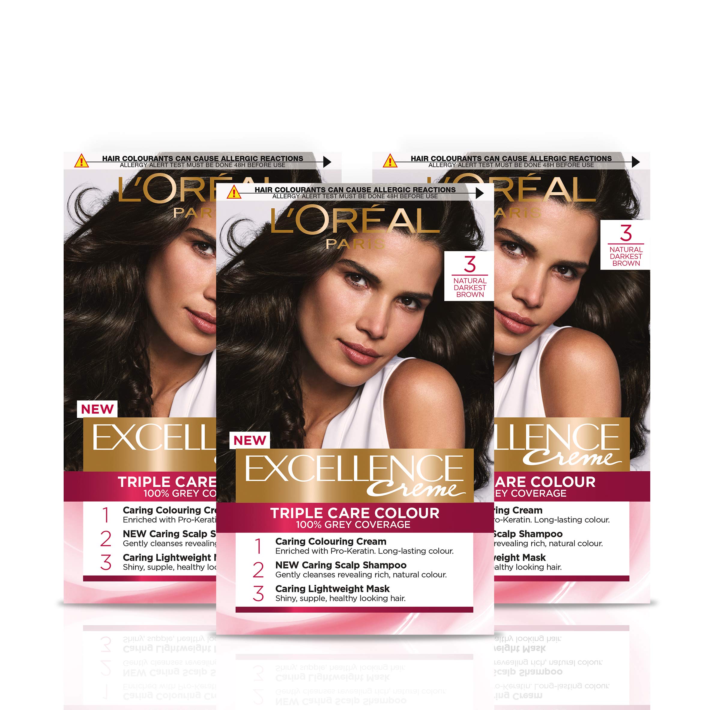 L'Oréal Paris Excellence Crème Permanent Hair Dye, Radiant At-Home Hair Colour with up to 100% Grey Coverage, Pro-Keratin, Up to 8 Weeks of Colour, Pack of 3, Colour: 3 Natural Darkest Brown