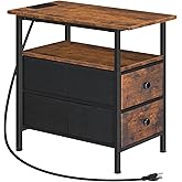 HOOBRO End Table with Charging Station, Narrow Side Table, Nightstand with 2 Non-Woven Drawers, Slim Sofa Side Table, for Small Spaces, Living Room, Bedroom, Rustic Brown and Black BF486UBZ01