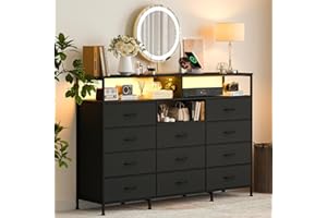 Dresser for Bedroom with 11 Fabric Drawers, Featuring Power Outlet & LED Lights, Wooden Top, 55”w TV Stand for Chest of Drawe