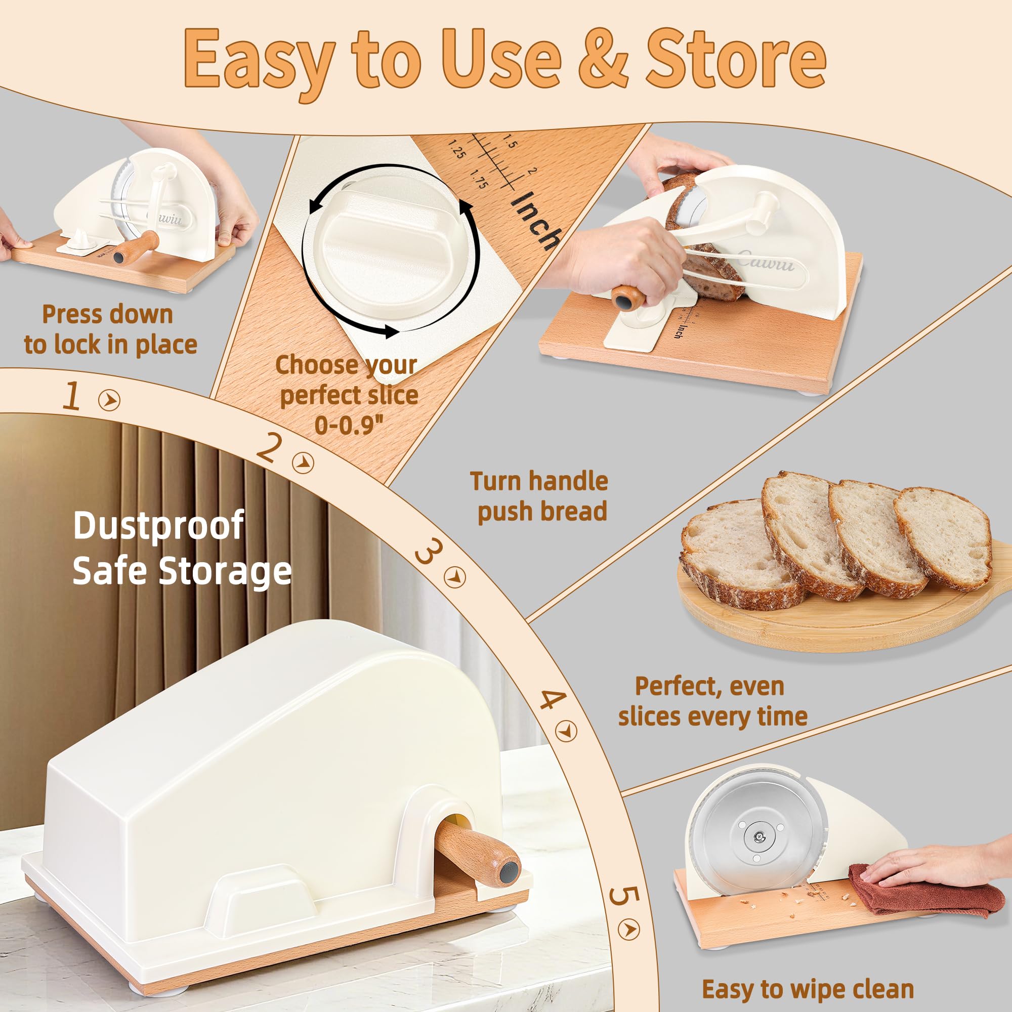 CAWIU Upgraded Manual Bread Slicer for Homemade Sourdough Bread - Adjustable Thickness Bread Cutter with Hand Crank, Suction Cups, Slicing Guide, Scale Line & Cover, for Perfect Even Slices (Cream)