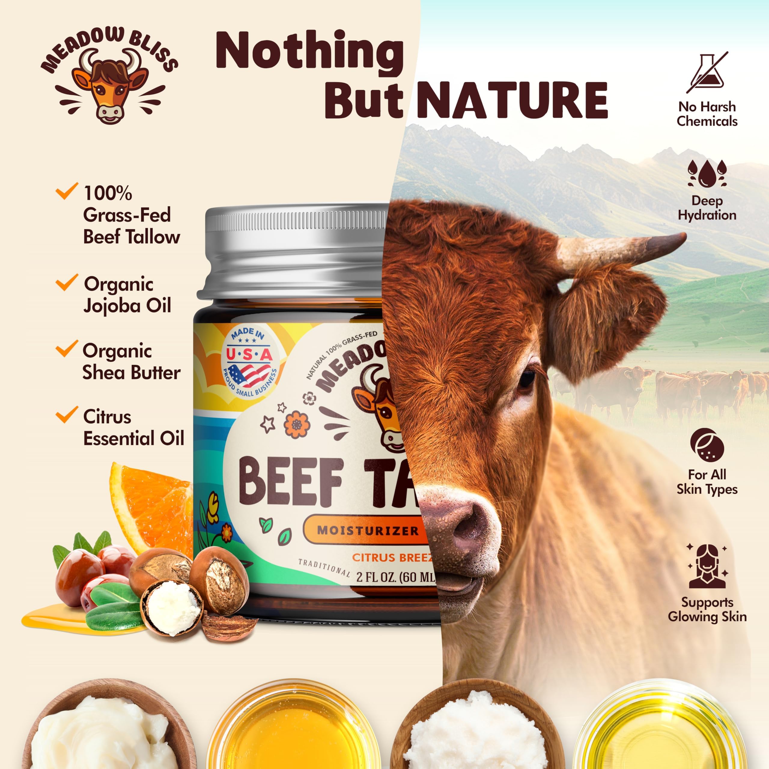 Beef Tallow for Skin - Moisturizer Cream - 100% Grass Fed - Whipped Beef Tallow - Organic Jojoba Oil - Organic Shea Butter - Supports Eczema, Rosacea+ - Made in USA - Citrus Breeze - 2 oz