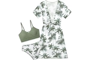 KANGKANG Girls Swimsuit, 3 Piece Tropical Print Bathing Suit with Quick Dry Girls' Swimwear Cover Up for Girls 7-16T