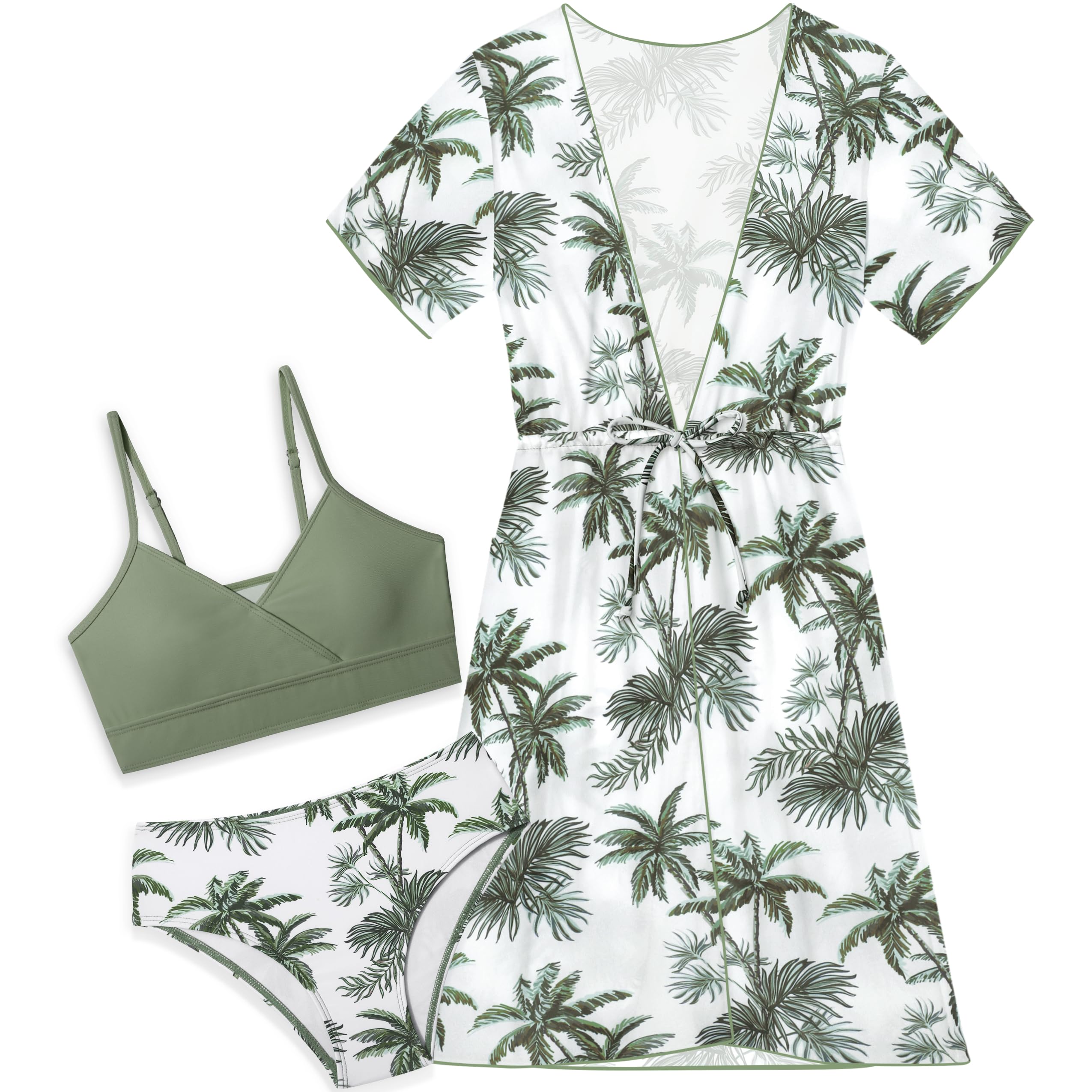 Photo 1 of KANGKANG Girls Swimsuit, Girls Bathing Suits Size 7-8 3 Piece Tropical Print Bikini Set V-Neck Kids Bathing Suits Girls with Drawstring Quick Dry Cover Up Girls' Swimwear