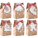 24pcs Christmas Goody Bags Bulk Christmas Kraft Gift Bags with Snowflake Ribbons Gingerbread Tags for Holiday Party Supplies