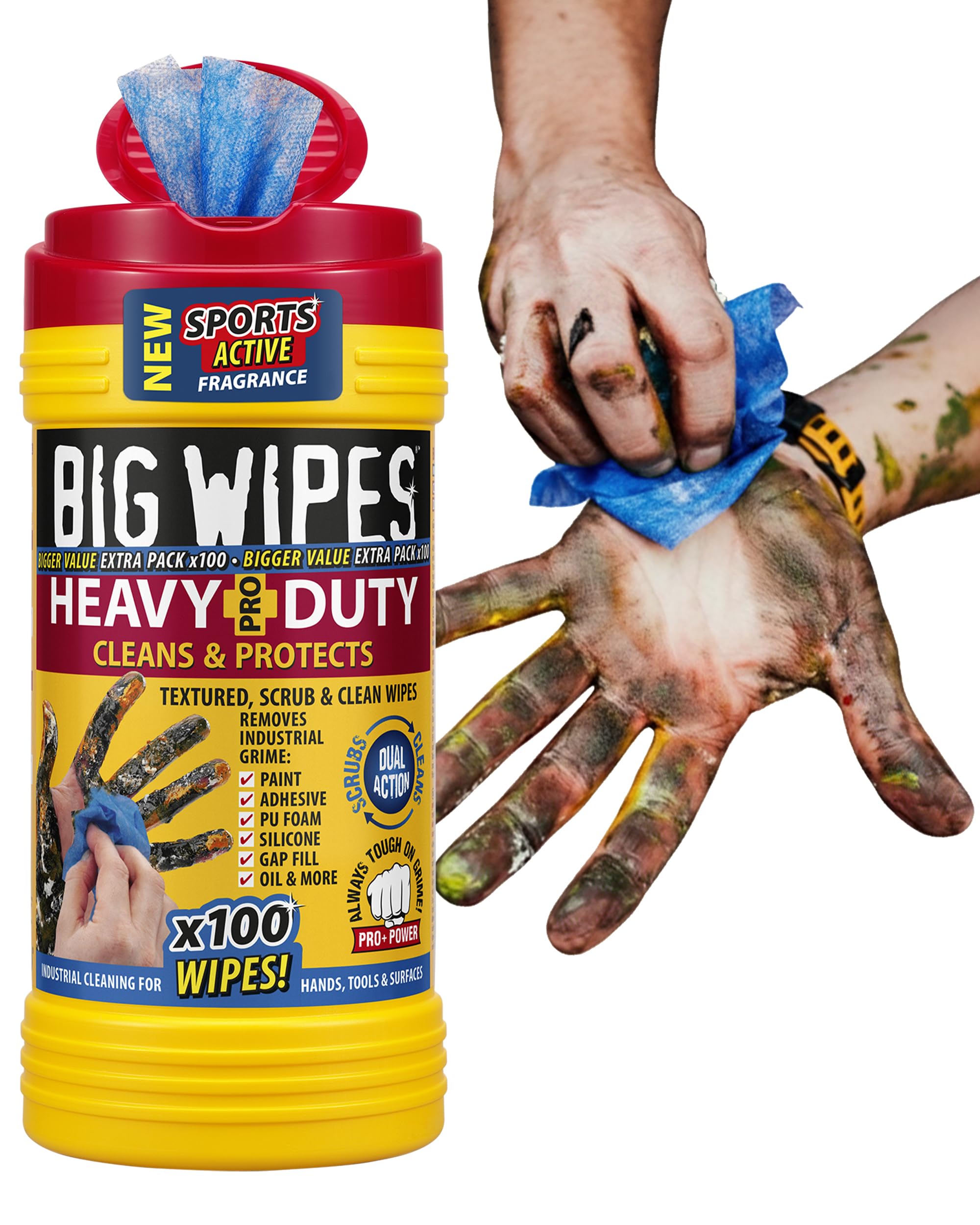 Big Wipes Heavy Duty Pro+ Hand Wipes โ Textured Dual-Sided Cleaning Wipes for Paint, Grease, Oil - Industrial Cleaning Products for Tools & Surfaces - Heavy Duty Hand Cleaner - Dispenser Tub x100