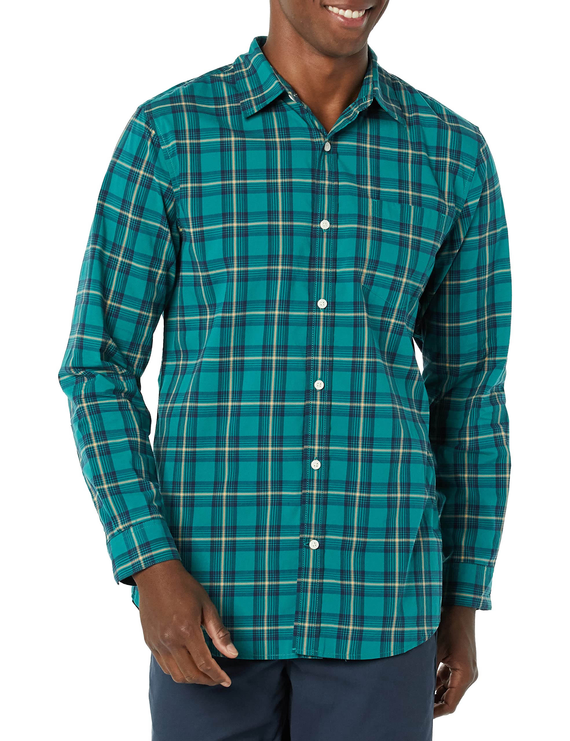 Photo 1 of Amazon Essentials Men's Long-Sleeve Slim-Fit Stretch Poplin Shirt, Green Gold Checked, X-Large