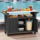 Bifanuo Outdoor Grill Table Grill Cart with Stainless Steel Top &amp; Storage Cabinet for Food Prep and Storage, Portable and Durable with Wheels(Black)