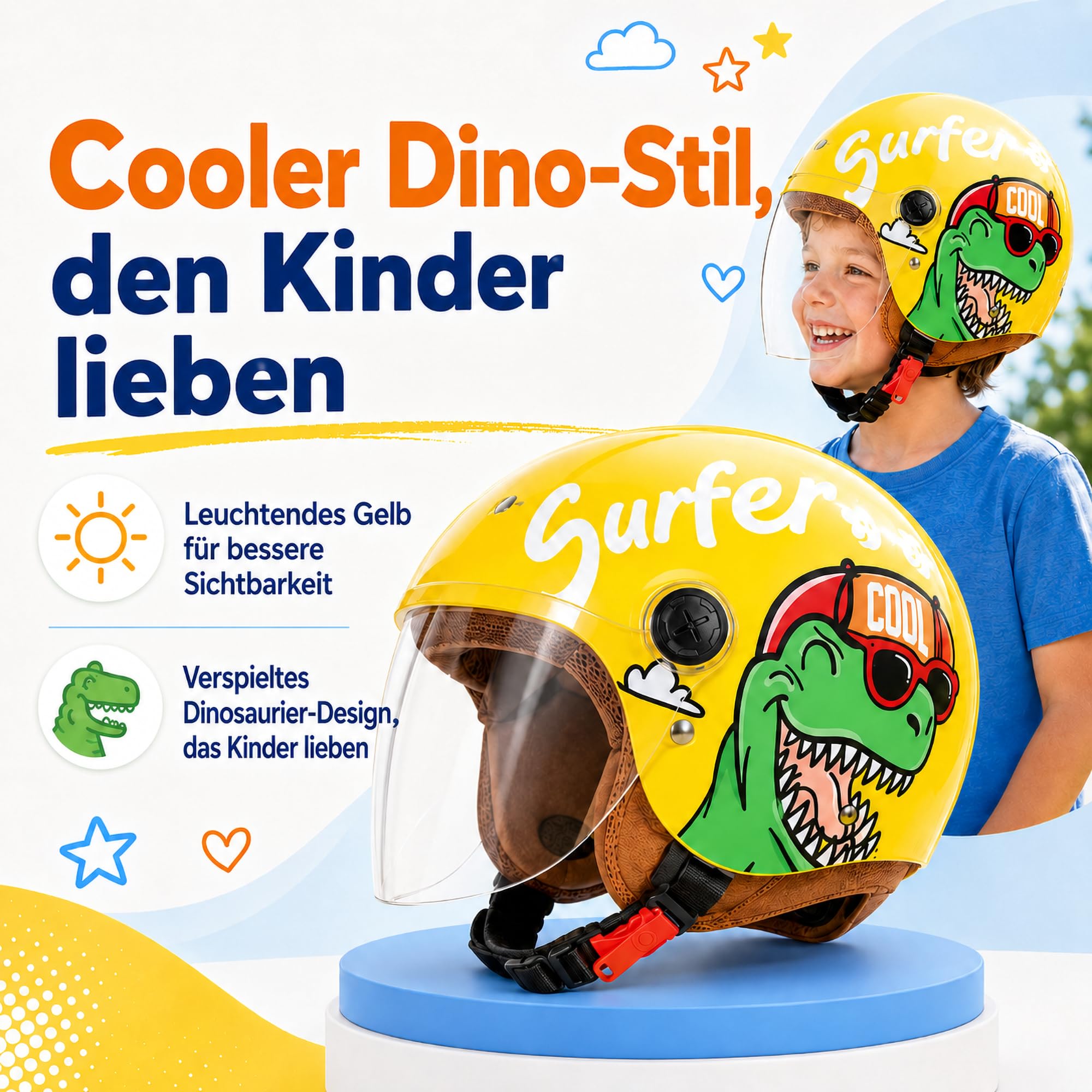 FREEUP Motorradhelm Kinder Mädchen Junge, Kid Jet Helm mit Visier, Dinosaurier Mofa Helm Kids Scooter Fahrradhelm, Schnellverschluss, Herausnehmbar, Waschbar, 48-55cm, Gelb 7