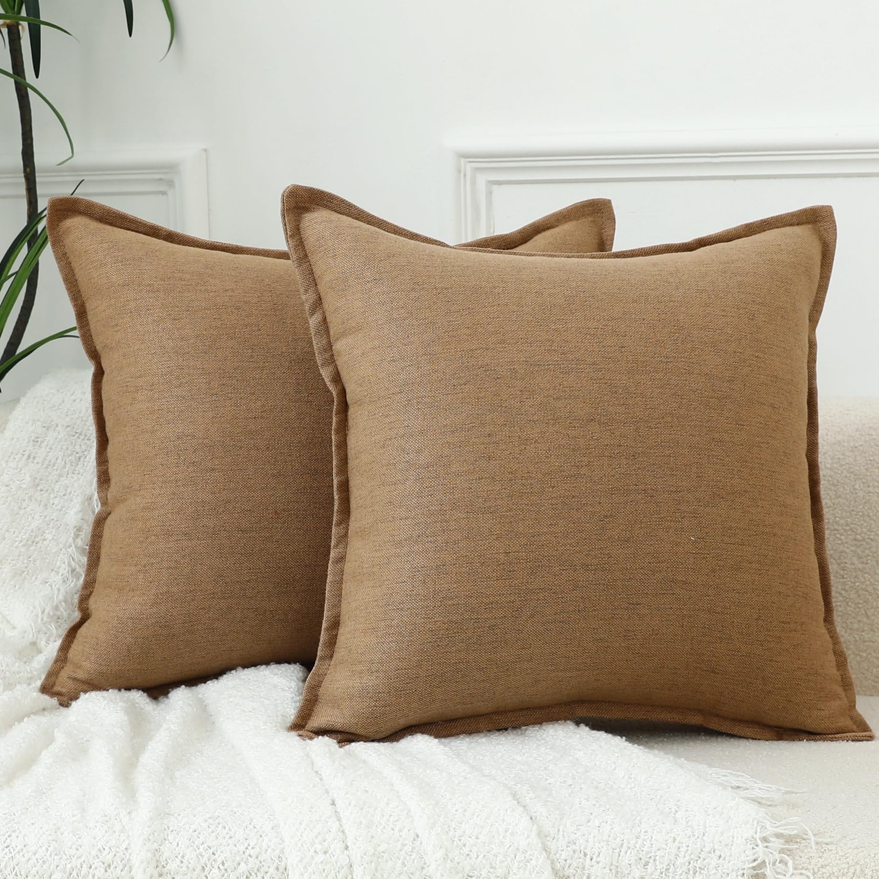 LIGICKY Set of 2 Neutral Linen Cushion Covers 20x20 Inch Khaki Brown Decorative Throw Pillow Covers for Living Room Couch Bed Sofa Rustic Farmhouse Boho Home Decor