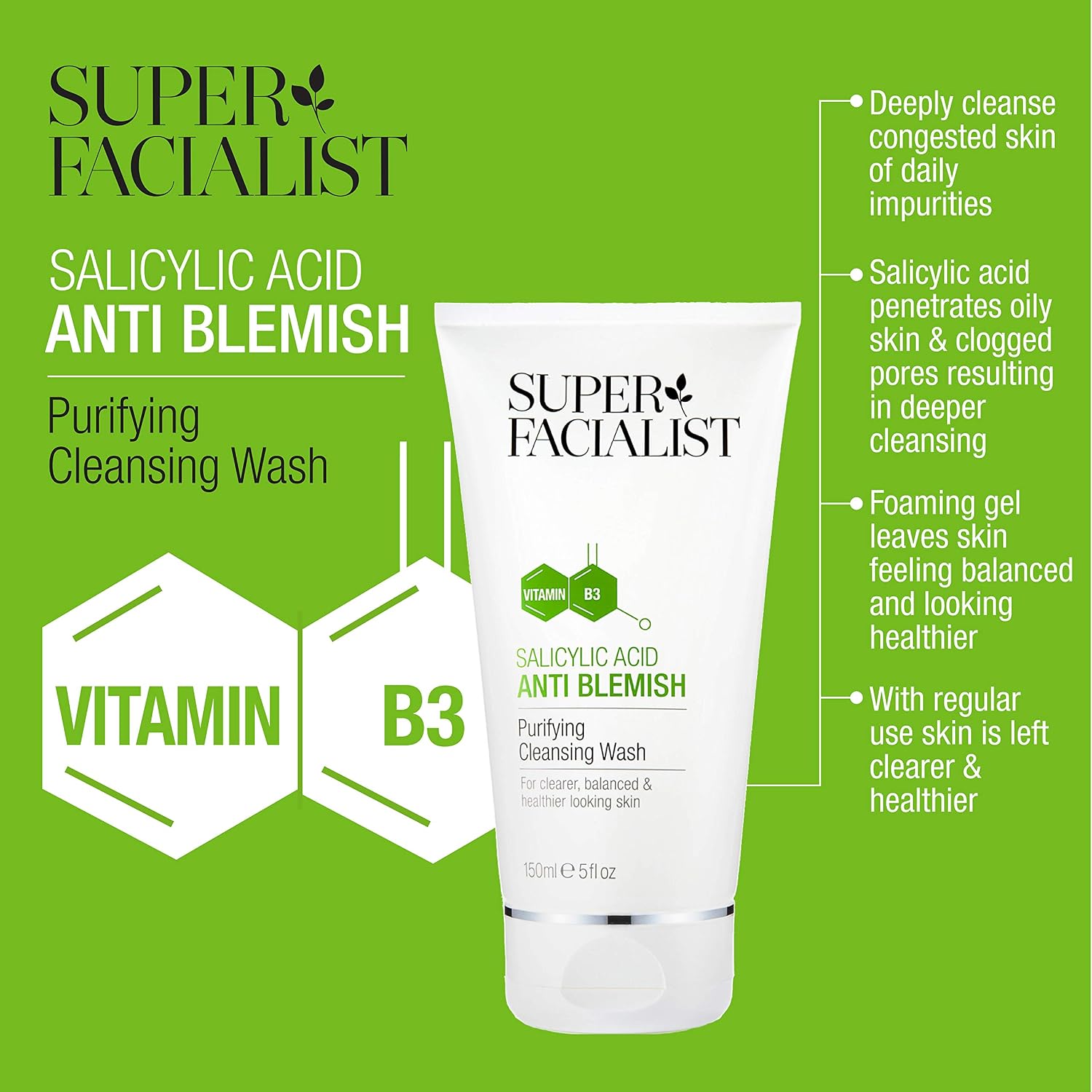 Super Facialist, Salicylic Acid Anti Blemish Purifying Cleansing Wash with Niacinamide (Vitamin B3) - Image 4