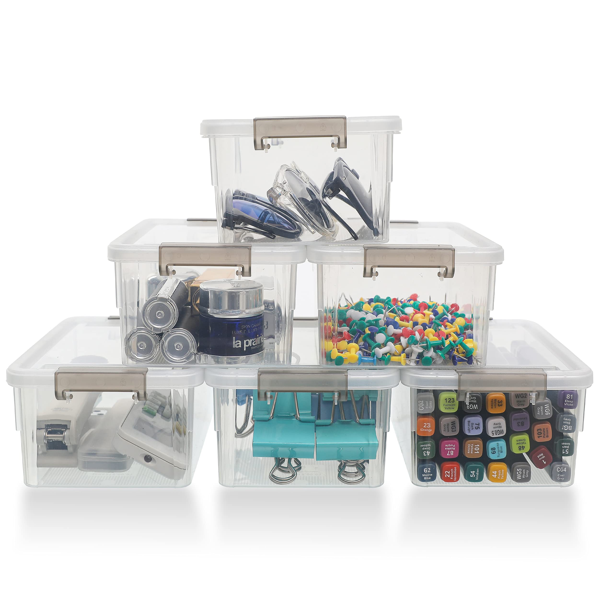 Citylife 6 Pack Plastic Storage Box Small Stackable Storage Box with Clear Storage Boxes with Handles for Kitchen Closet,17.7x13x8.2cm