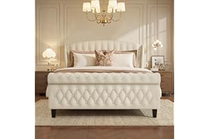 HISOFT Queen Bed Frame, Velvet Upholstered Sleigh Bed with Wingback Headboard & Scrolled Footboard, No Box Spring Needed, Sturdy Support, Easy Assembly, Noise Free, Button Tufted, Beige