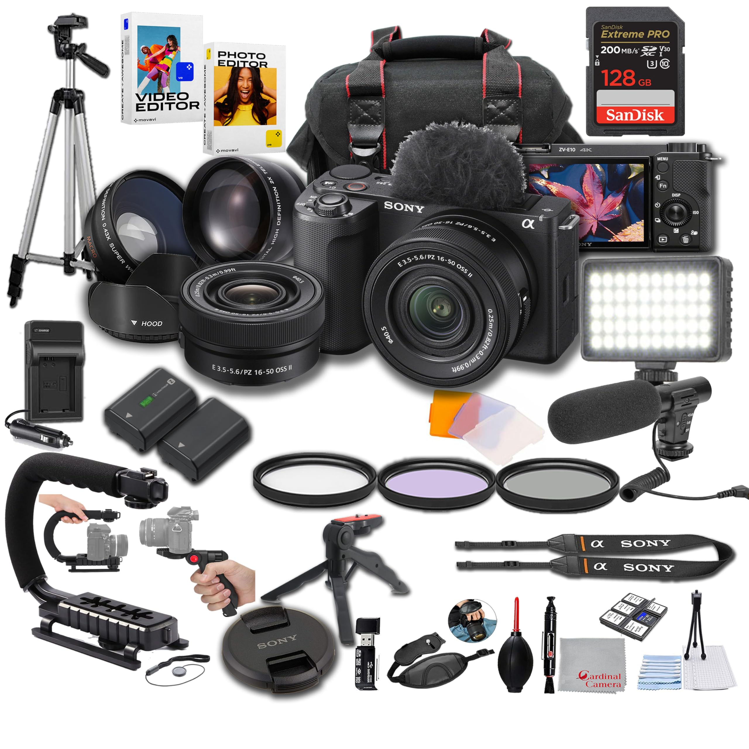 Sony ZV-E10 II + 16-50mm Lens, LED Light, Microphone, 128GB Extreme Speed, U-Grip, Filters, Tripod, Case, Software, & More – Pro Video Bundle (35pc)