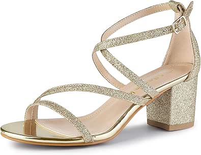 Allegra K Women's Glitter Crisscross Strap Chunky Heels