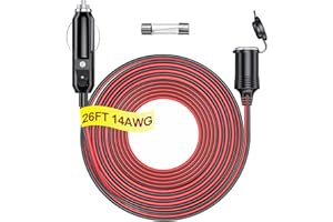 RWUJILONG 12V/24V Heavy Duty Cigarette Lighter Extension Cord 26FT 14AWG with LED Light for Car Vehicle Tire Pump Air Compressor Refrigerator Coffee Maker etc. (1*Spare Fuse)