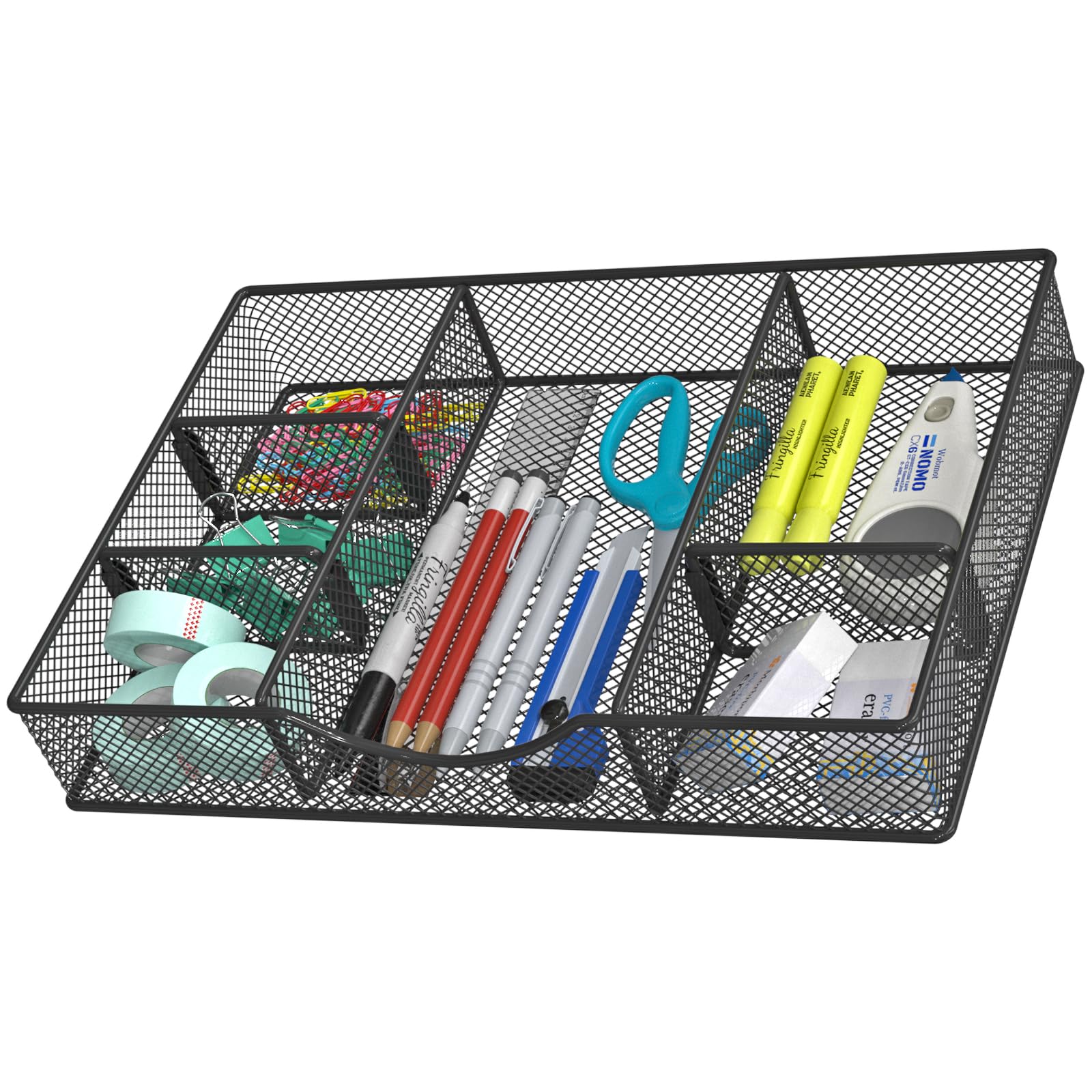 Photo 1 of VyGrow Desk Drawer Organizer Tray, Metal Mesh Drawer Organizers Office, 6 Adjustable Compartment, Desk Organizer Tray for Home Office 12 x 8.26 x 1.96 inch, Black, 1 Pack