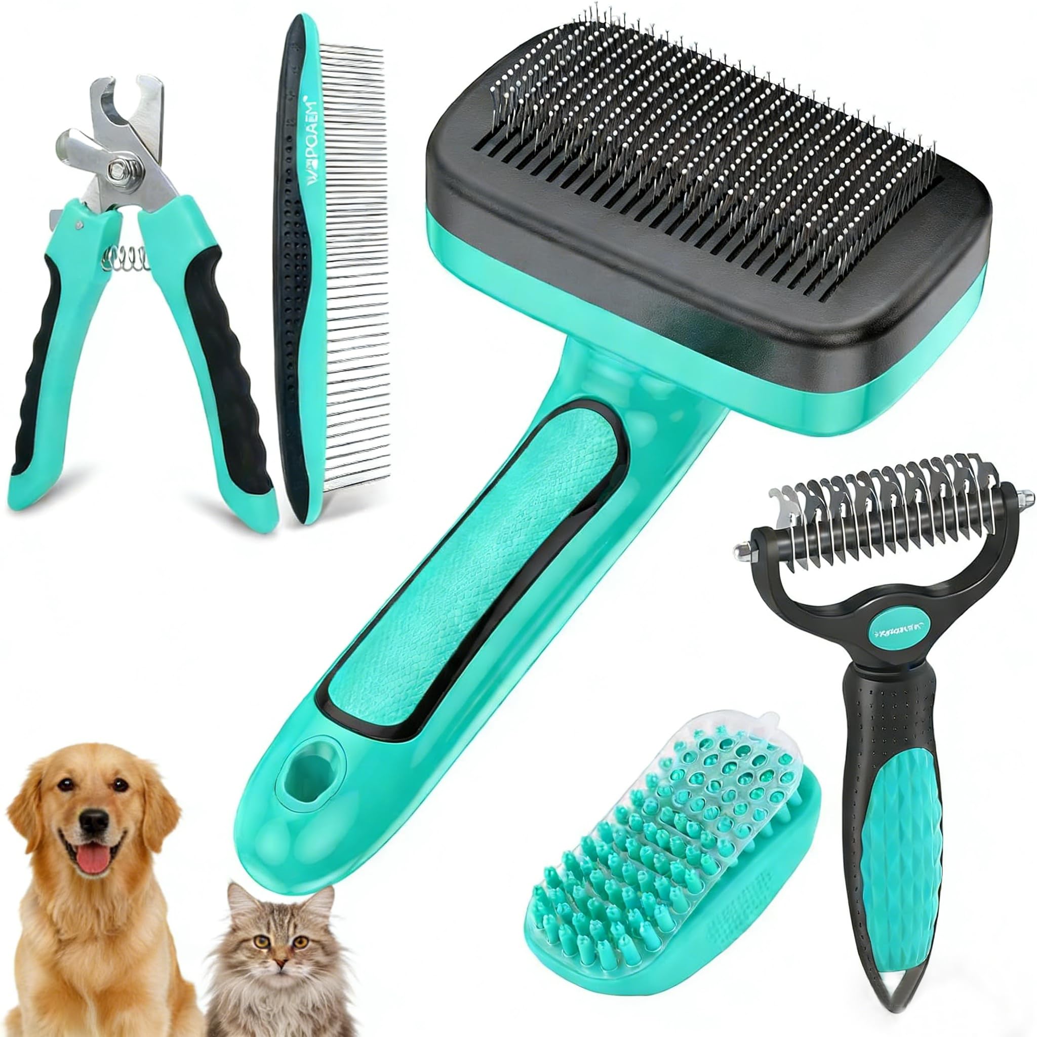 WOPQAEM Cat Dog Brush, Self Cleaning Slicker Dog Brush for Shedding & Grooming Any Breed of Pets, 5 PCS Puppy Self-Cleaning Slicker Brush Short & Long Haired Dogs & Cats, Green