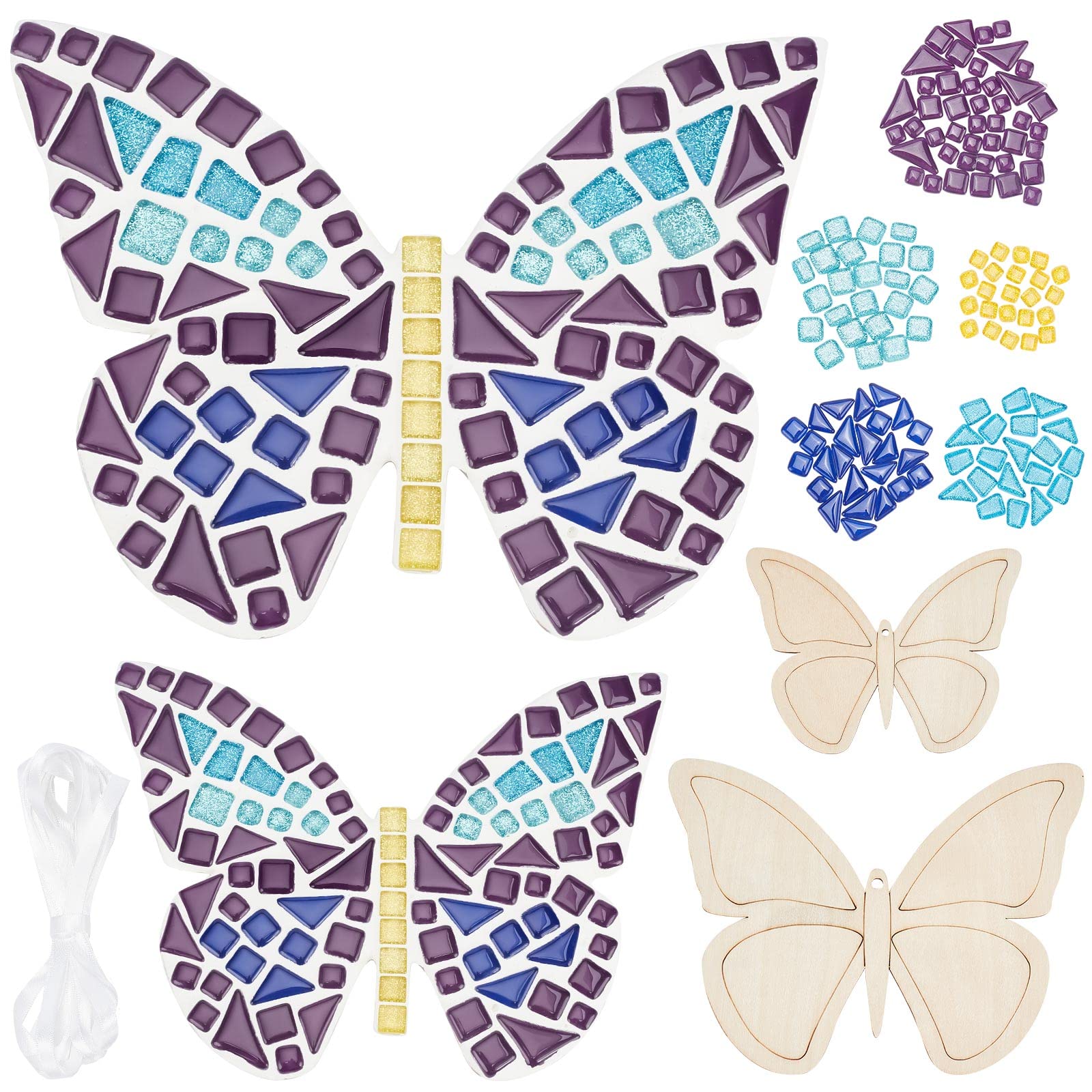 WEBEEDY Make 2 Butterfly Glass Mosaic Kit - DIY Mosaic Kit for Adults - Includes Glass Tiles, Wooden Chips, Ribbon