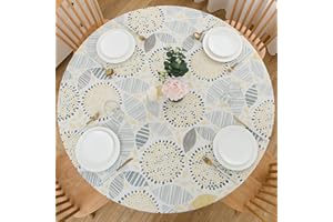 LIBERECOO Round Vinyl Fitted Tablecloth with Flannel Backing Elastic Edge Plastic Table Cover Waterproof Table Cloth Stain-Resistant Wipeable for 45"-56" Round Table