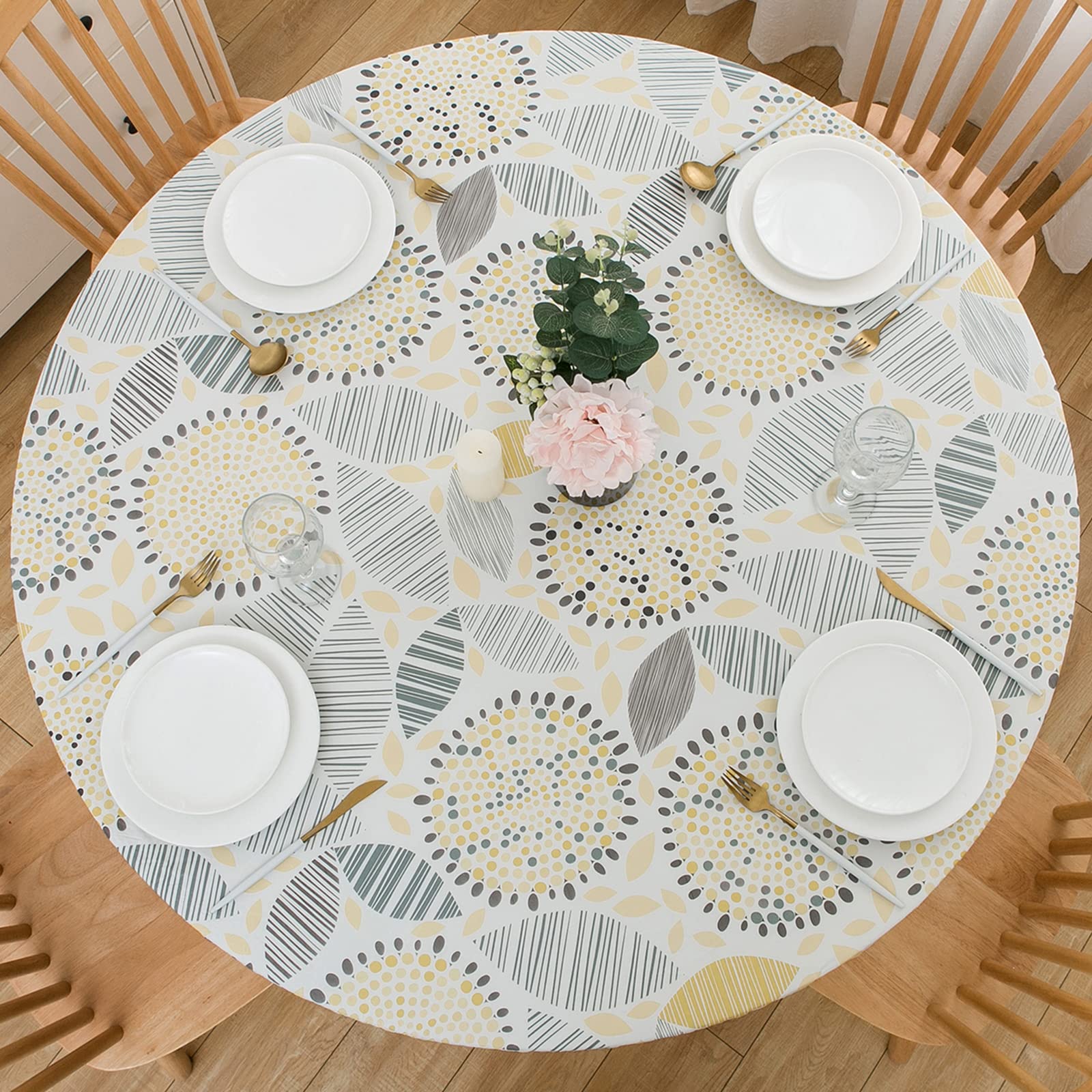 Photo 1 of LIBERECOO Round Vinyl Fitted Tablecloth with Flannel Backing Elastic Edge Table Cover Waterproof Stain-Resistant Wipeable Tablcloths Fits Round Tables
