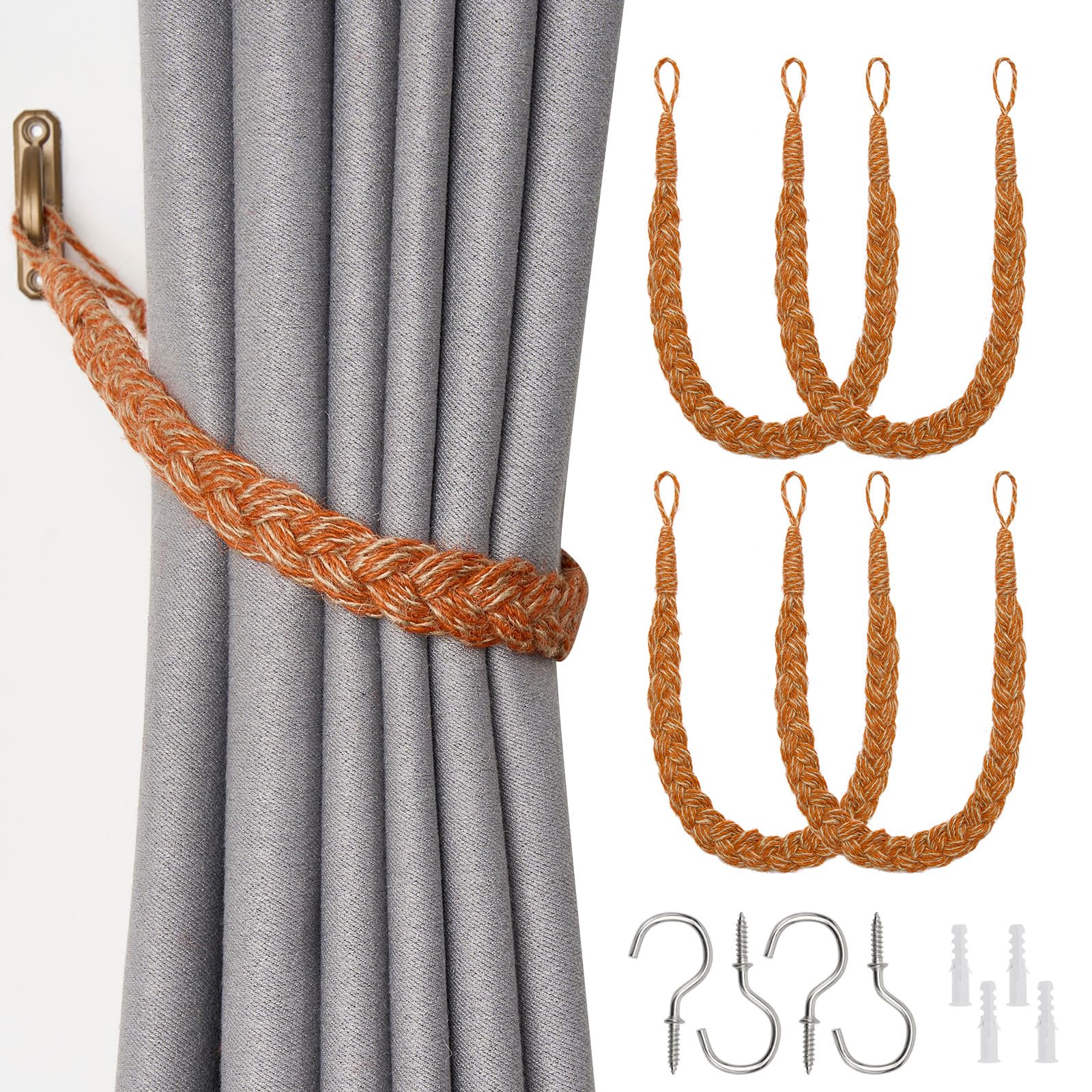 Pretty Jolly 4 Pack Natural Jute Rope Curtain Tiebacks Boho Rustic Style Decorative Drape Tie Backs Elegant Hand-Woven Rope Curtain Holdbacks with Metal Hook for Home & Office Drapery (Jute-Orange)