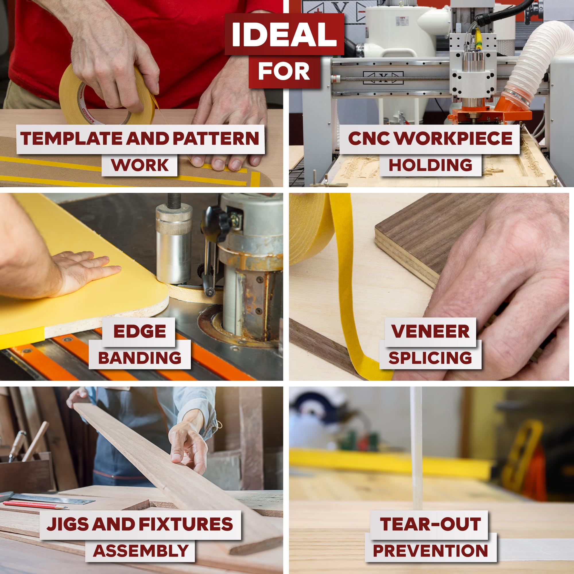 XFasten Double Sided Woodworking Tape 1 Inch x 108 Feet (3-Pack), Residue-Free, Removable Double Sided Woodworking Masking Tape for Wood Template, Mounting Boards MDF Edge Banding, Routing, Anchoring