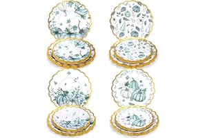 Pasimy 64 Pcs Thanksgiving Paper Dinnerware Blue and White Pumpkin Plate 9 Inch and 7 Inch Fall Plates for Autumn Thanksgiving Party Harvest Baby Shower Banquet Supplies
