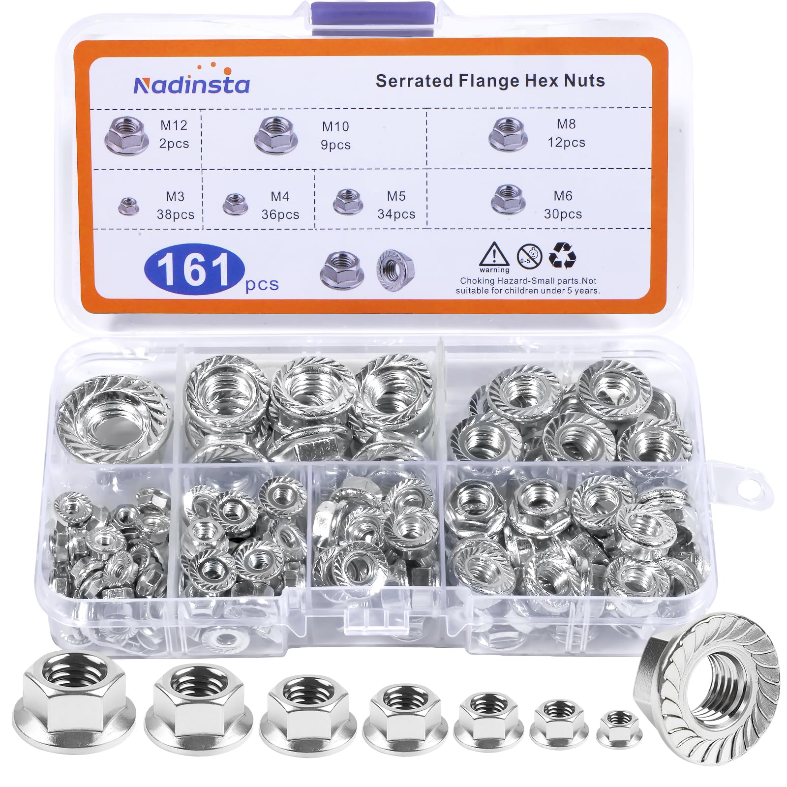 Nadinsta 161 Pcs Hex Flange Nuts, Silver Serrated Flange Hex Nut M3 M4 M5 M6 M8 M10 M12, Non-Slip Hexagon Flanged Nut, Flanged Lock Nuts For Furniture, Wood, Metal, Automotive, Mechanical Stop