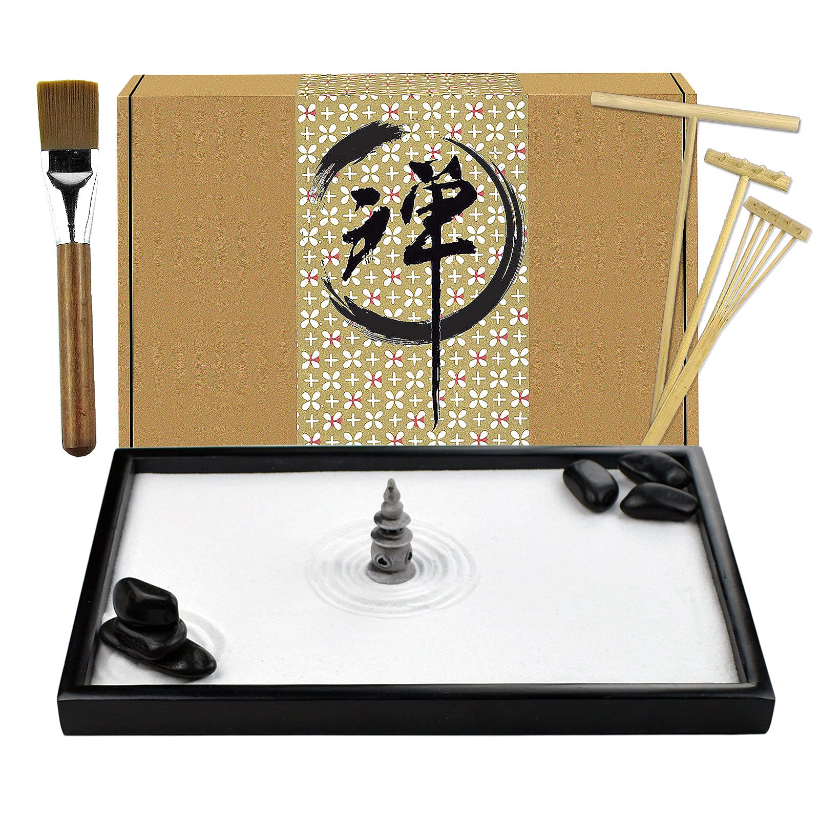 Artcome Japanese Zen Sand Garden for Desk with Rake, Stand, Rocks and Mini Furnishing Articles - Office Table Accessories, Mini Zen Sand Garden Kit - Meditation Gifts