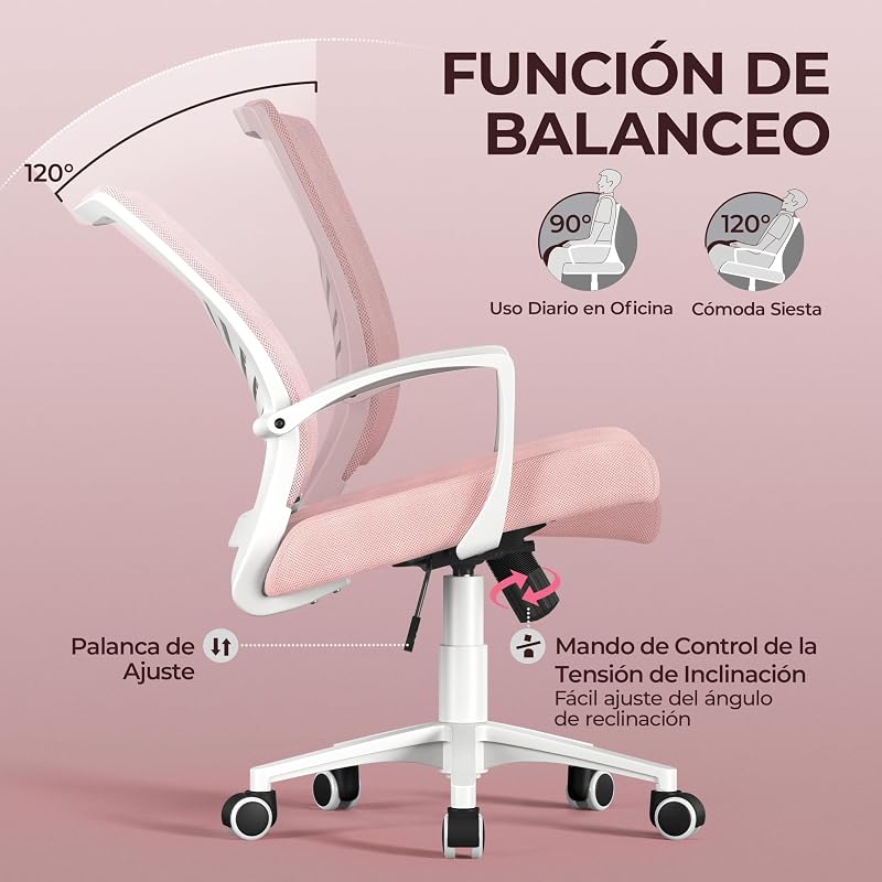 Yaheetch Conjunto de 2 Cadeiras de Escritório Função de Inclinação em Rede Rosa
