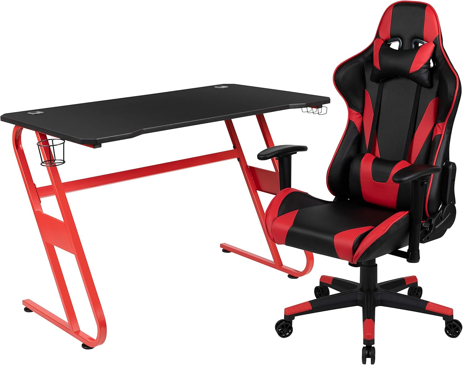 Flash Furniture Red Gaming Desk and Red/Black Reclining Gaming Chair Set with Cup Holder and Headphone Hook