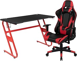 Flash Furniture Red Gaming Desk and Red/Black Reclining Gaming Chair Set with Cup Holder and Headphone Hook