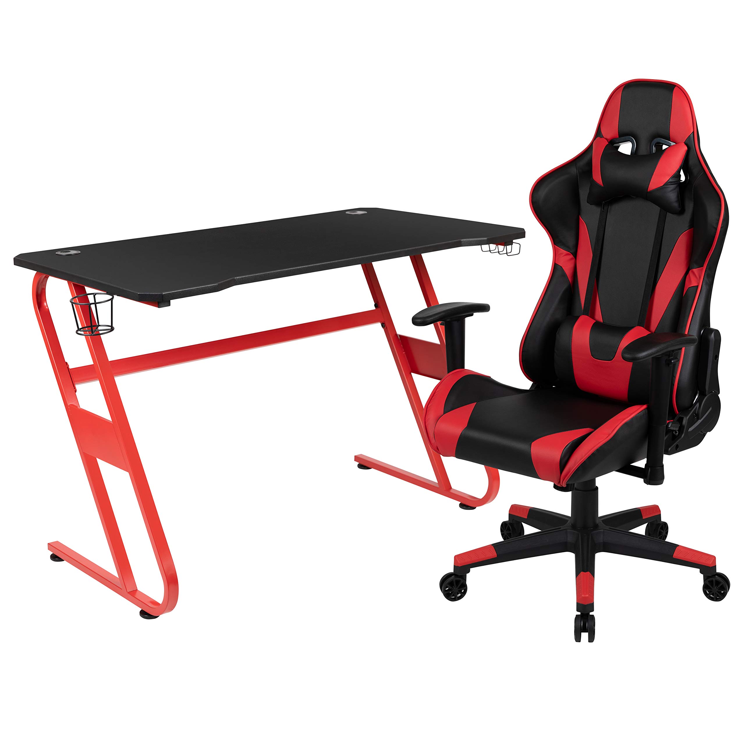 Flash Furniture Optis - Juego de escritorio para videojuegos y silla reclinable para videojuegos, color rojo y negro, con portavasos y gancho para auriculares