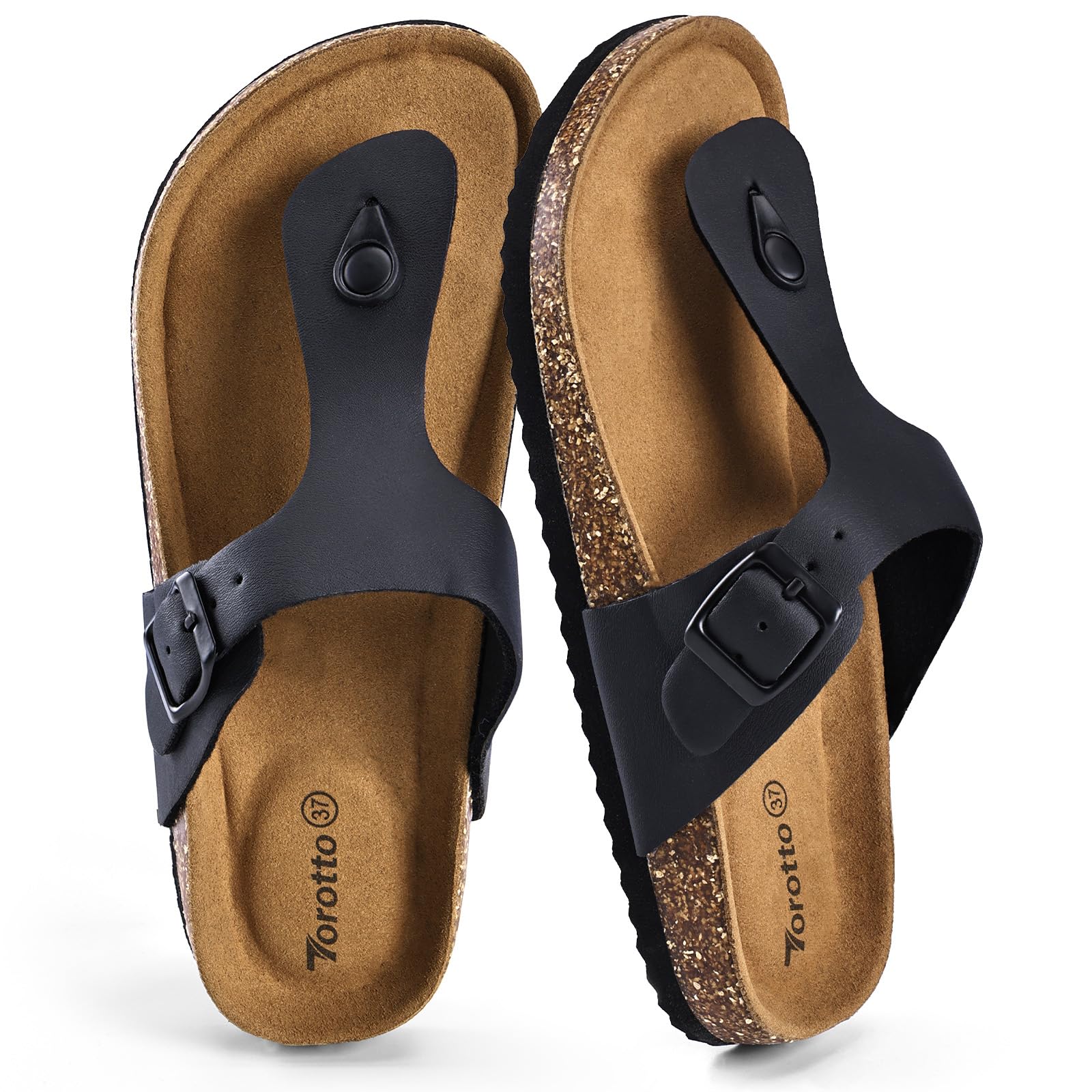 Torotto Damen Zehentrenner Flip Flops Pantoletten Hausschuhe Sportliche Kork-Fußbett Schlappen Mit Verstellbarer Rieme Sandalen(schwarz,40 EU)