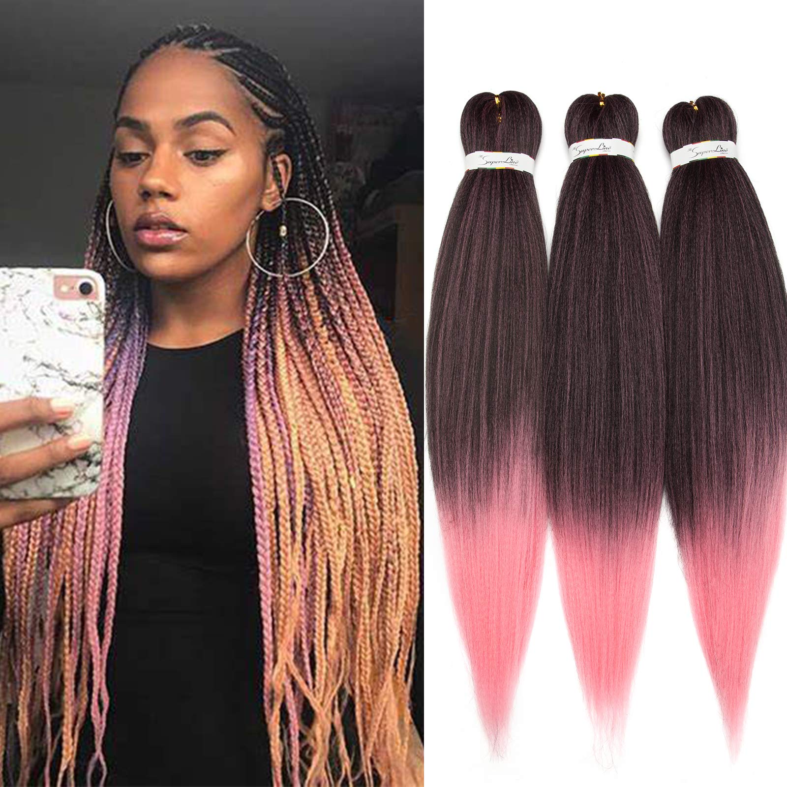 Silk-co Pre Stretched Braiding Hair 3 Pcs Easy Braiding Hair Extension Ombre Synthetic Crochet Box Twist Braid [26" 270g Black&Pink] — image 1