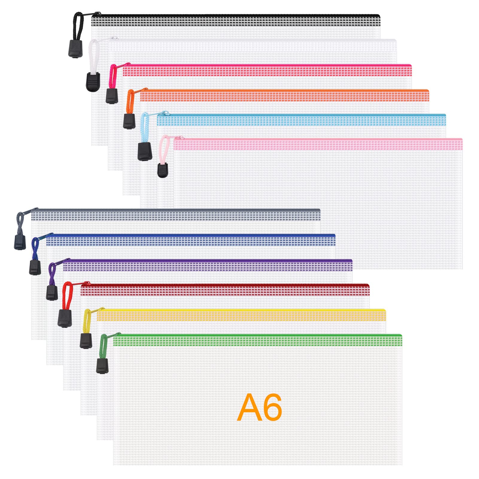 JIANTA Document Bag A6, Pack of 12 Document Folder with Zip, Mesh Plastic Zip Bag, School Office Homework Zipper Bag for File, Cosmetics, Colour Pockets