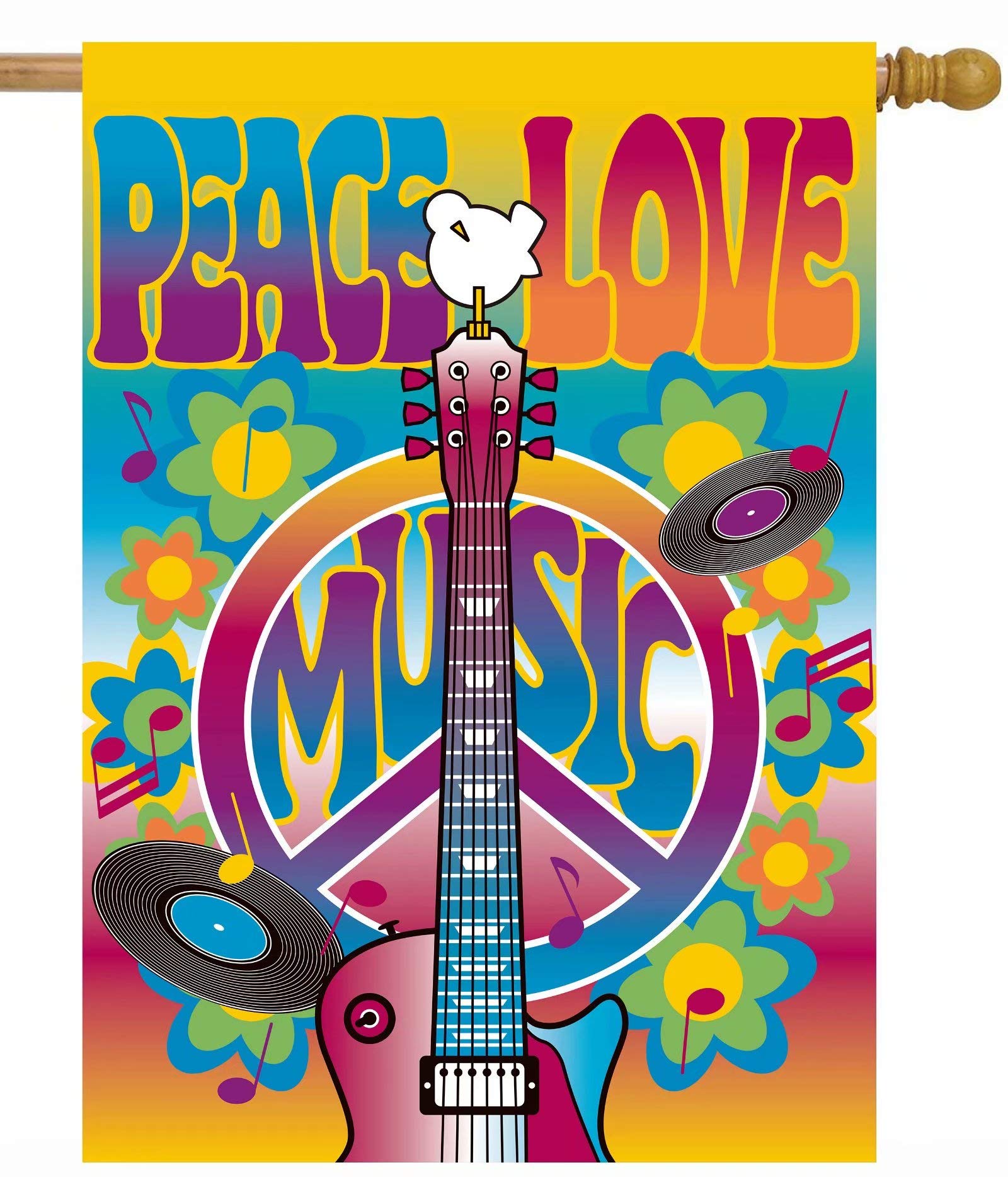 ShineSnow Peace Love Symbol Guitar Dove Woodstock Music and Art Fair House Flag 28" x 40" Double Sided Polyester Welcome Large Yard Garden Flag Banners for Patio Lawn Home Outdoor Decor