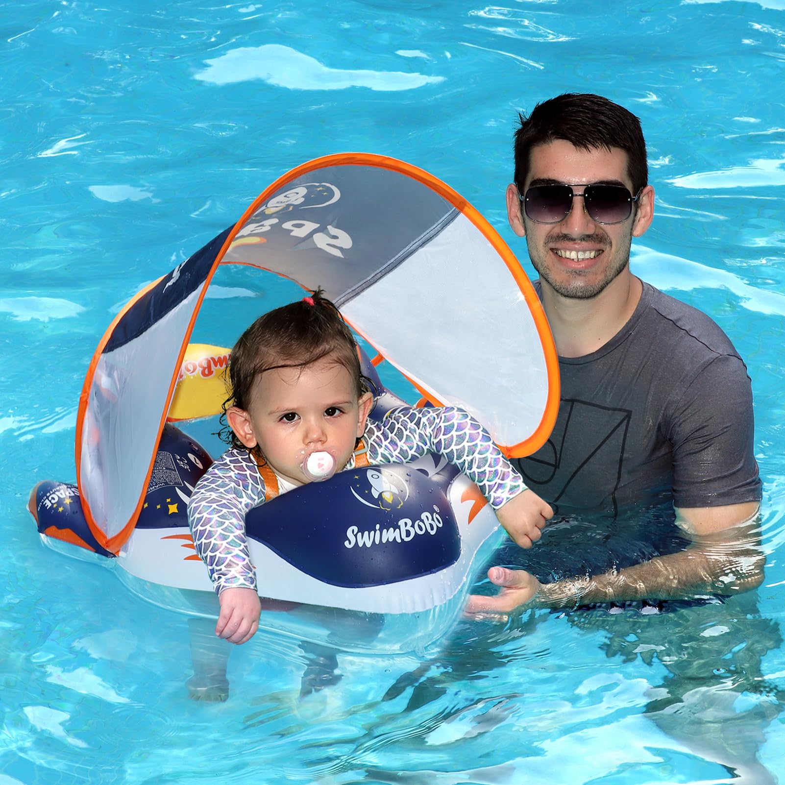 Swimbobo Baby Swimming Float Kids Inflatable Swim Ring with Safety Support Bottom Swimming Pool Accessories for 3-36 Months (Deep Blue Spaceship, Large)