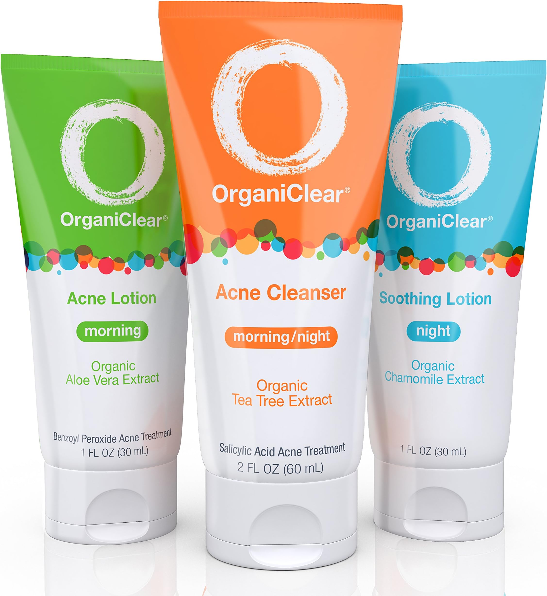 OrganiClear Acne Treatment Kit-30 Day Supply, Includes Morning Benzoyl Peroxide Cream, Salicylic Acid Cleanser, and Chamomile Soothing Night Lotion, Helps Cystic Acne, Hormonal Acne, Adult Acne