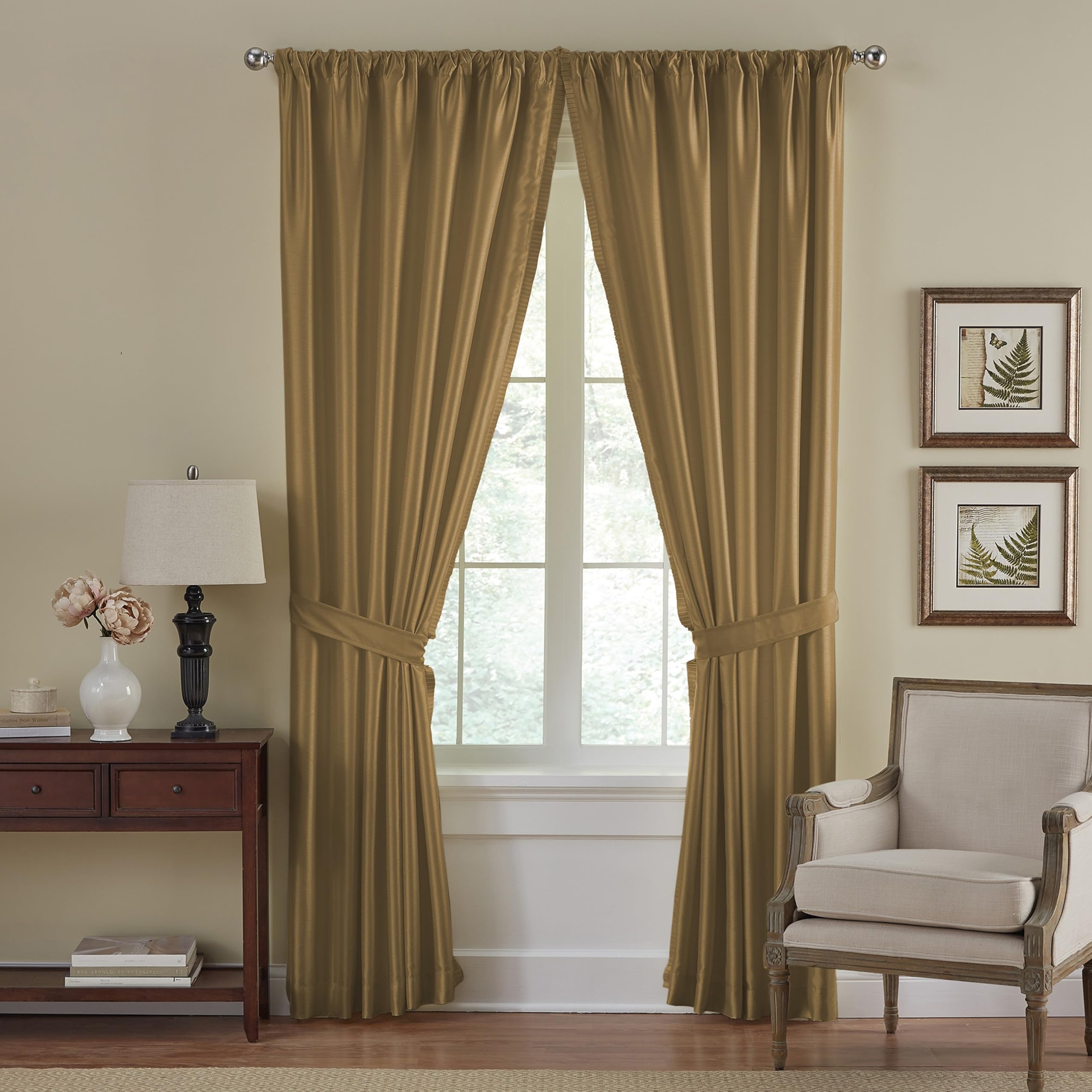 Elrene Home Fashions Versailles Faux-Silk Room-Darkening Curtain Panel, Blackout Curtain with Rod Pocket, 52 Inches by 108 Inches, Gold, 1 Panel