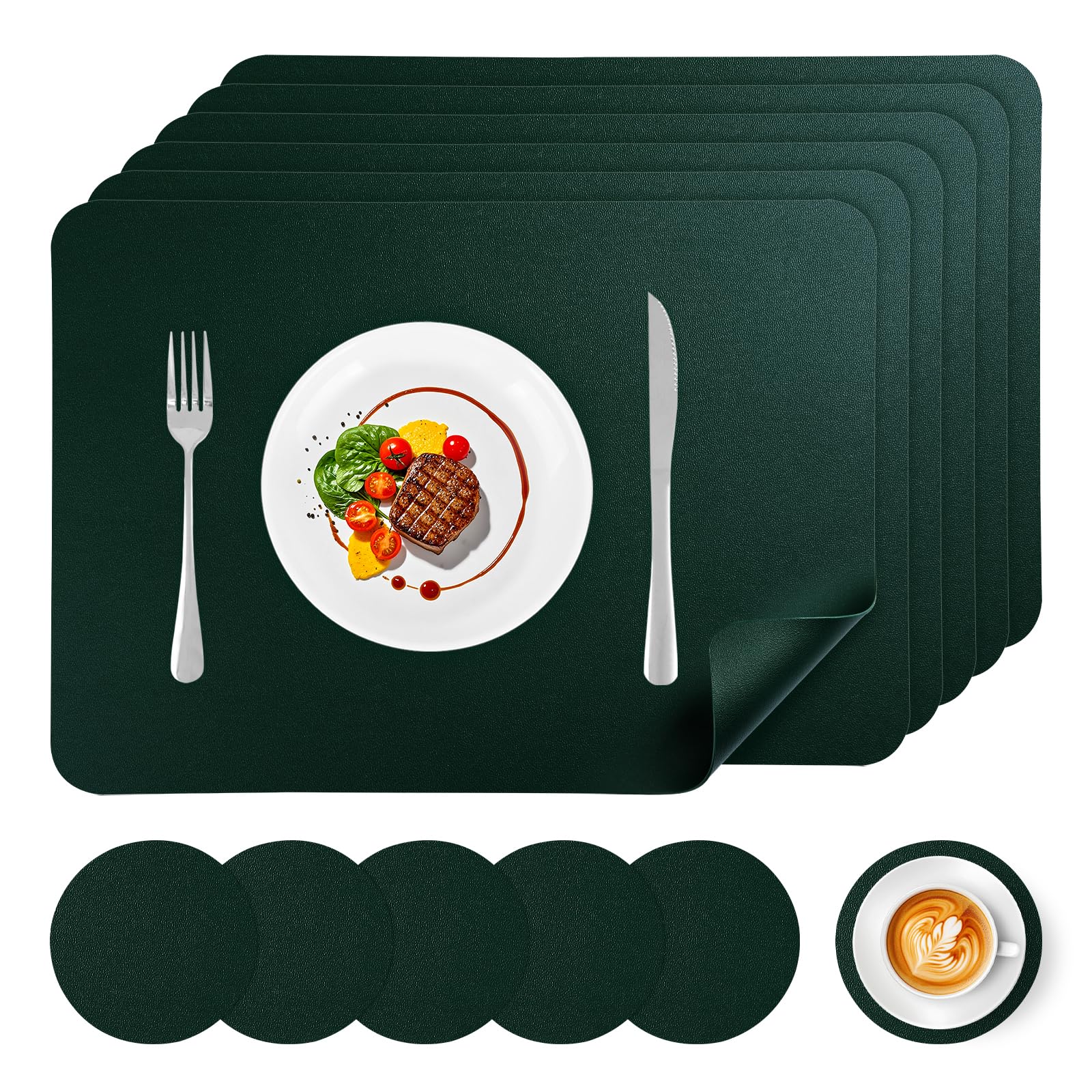 APLKER Faux Leather Placemats and Coasters Set of 6, Wipeable Waterproof Oil-Proof Heat Resistant Table Mats for Dining, Kitchen, Hotel, 16.9 x11.8 inches（Large Place Mats）- Dark Green