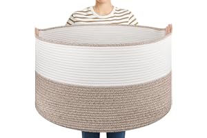 OIASKET Large Blanket Basket with Handles, 22.8" x 22.8" x 13" Woven Storage Basket for Living Room, Cotton Rope Baby Toy Storage for Clothes, Pillows, Towels-Brown & White