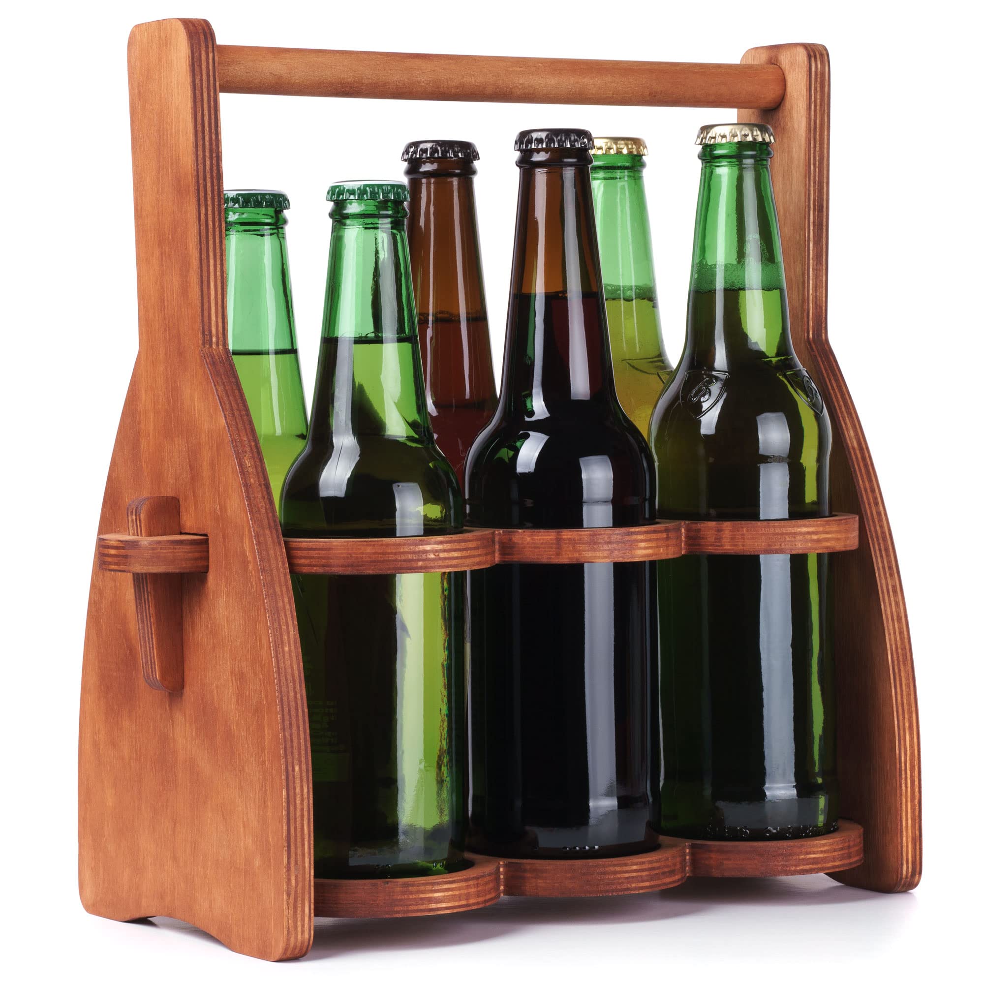 ROSTMARYGIFT Wooden 6-Bottle Beer Caddy - Collapsible Drink Holder - Beer Lover Gifts for Men, Him, Dad - Six Pack Wood Beer Carrier Basket Tote Organizer - Valentine's Day Gift