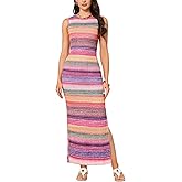 Allegra K Summer Maxi Dress for Women Striped Sleeveless Crew Neck Side Slit Beach Vocation Bodycon Boho Tank Dress